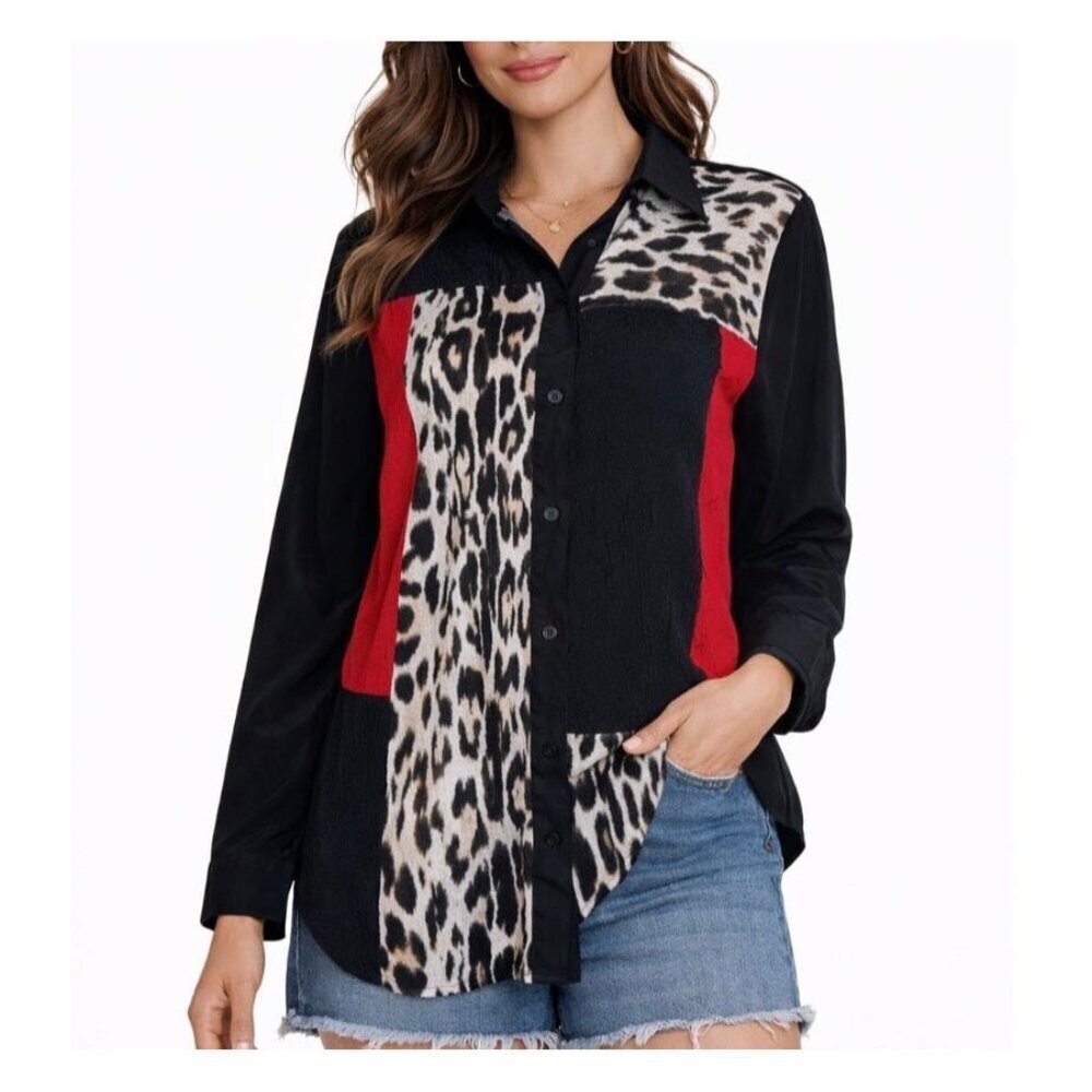 Chico's blouse Roxanna Crinkle Animal-Mix Shirt color block top button up SZ 0